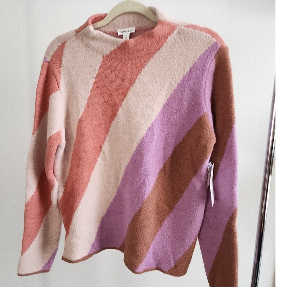 Tribal Jeans Women's Sweater Multicolor Stripe Mock Neck Pullover Size S